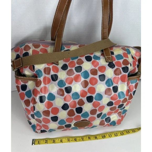 *Flawed Fossil Multicolor Geo Dot Print Coated Satchel Tote Bag Zip Top w/ Strap - Picture 12 of 16